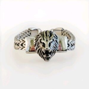 Braided Silver Stainless Steel Lion Head Statement Piece Unisex Bracelet